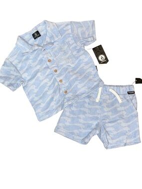 Volcom Light Blue Wave Terry Cloth Shorts Button Collar Shirt Set NWT 3T